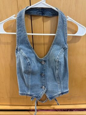 Garage Denim Halter Crop Top open tie back